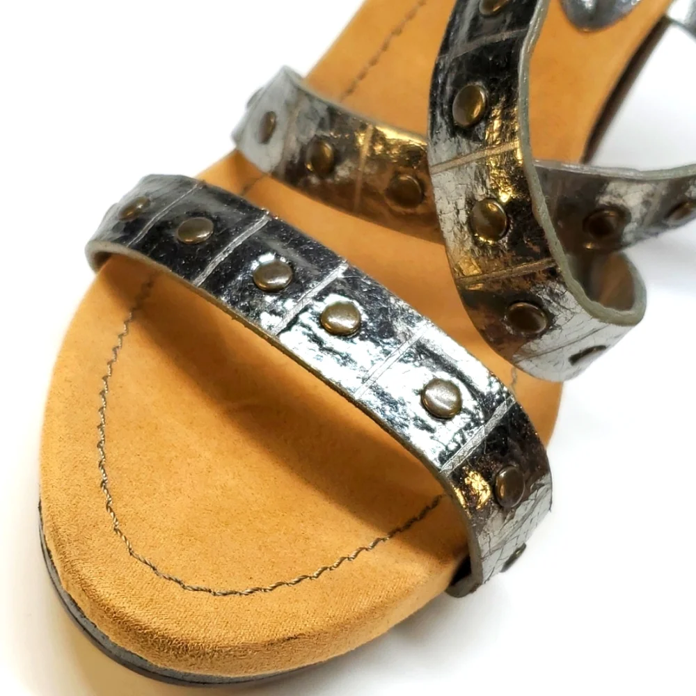 NINE WEST Dimsum Metallic Leather Ankle Strap Heeled Sandal